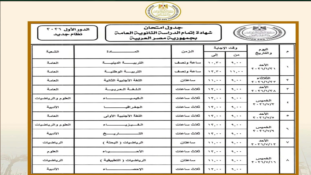 جدول امتحانات ثانوية عامة 2026 قبل ساعات قليلة من بدء الاختبارات 1 جدول امتحانات ثانوية عامة 2026