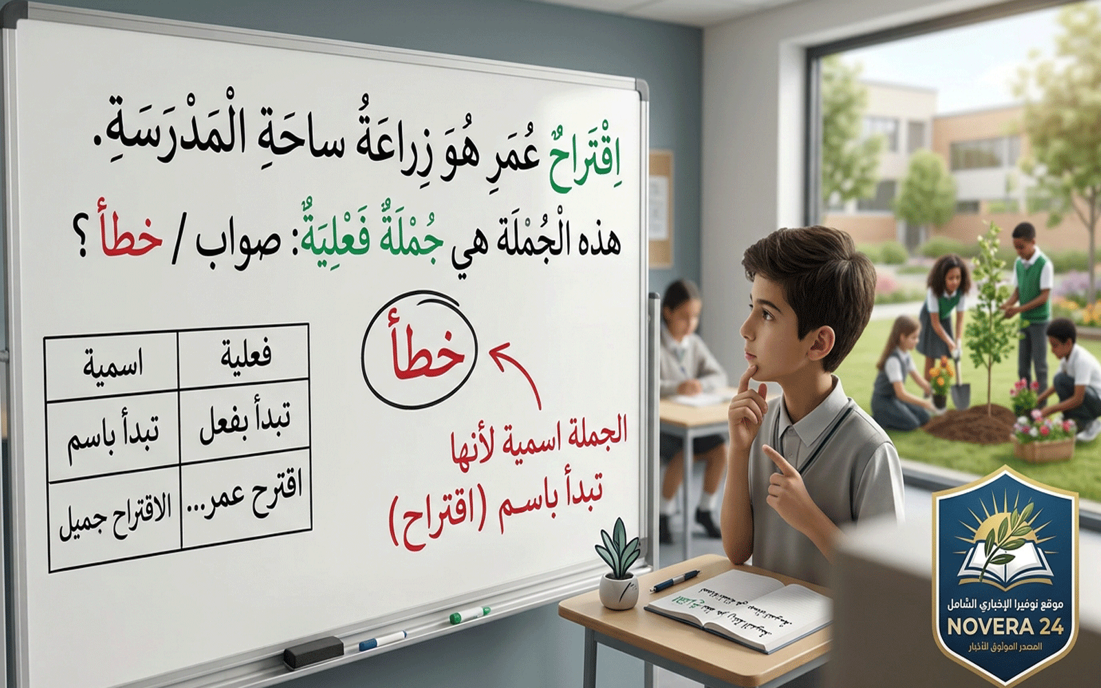 حل سؤال: اقتراح عمر هو زراعة ساحة المدرسة.. هل الجملة فعلية أم اسمية؟ 1 الجملة الاسمية